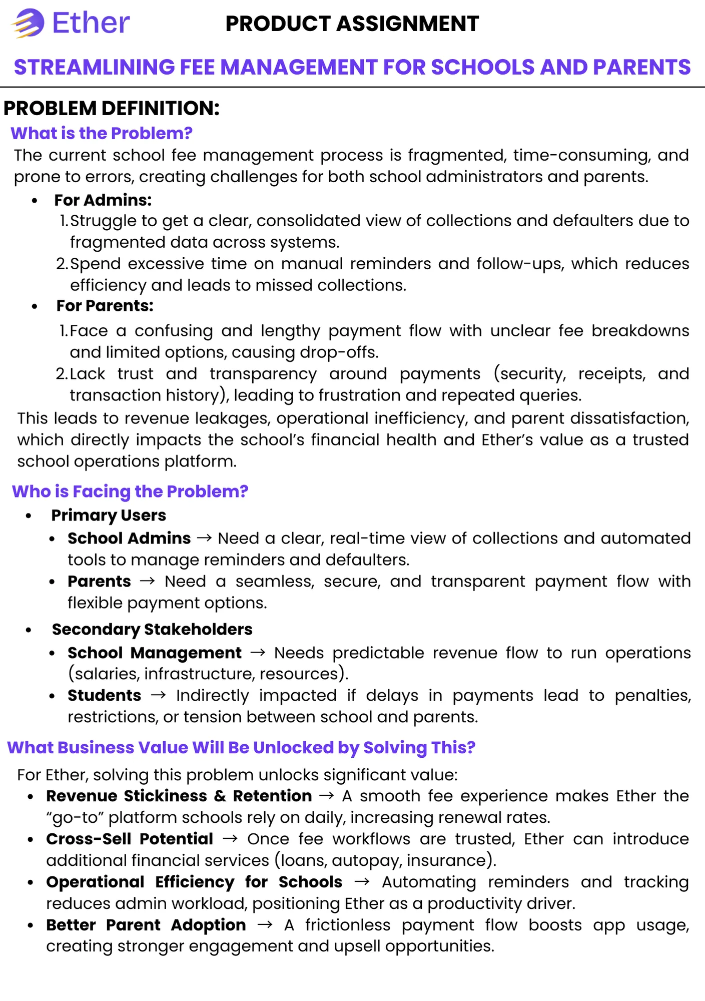 Problem Definition - Streamlining Fee Management for Schools and Parents