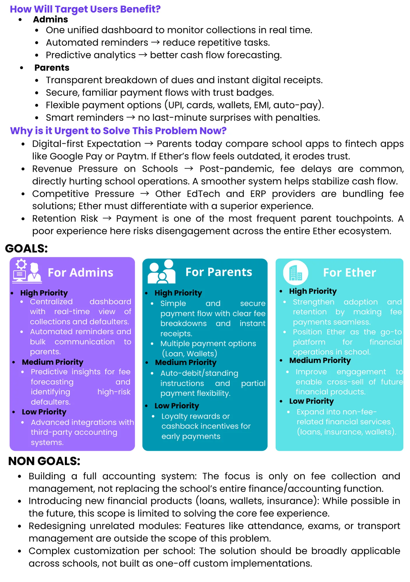 Goals & Non-Goals - Prioritized outcomes for Admins, Parents, and Ether